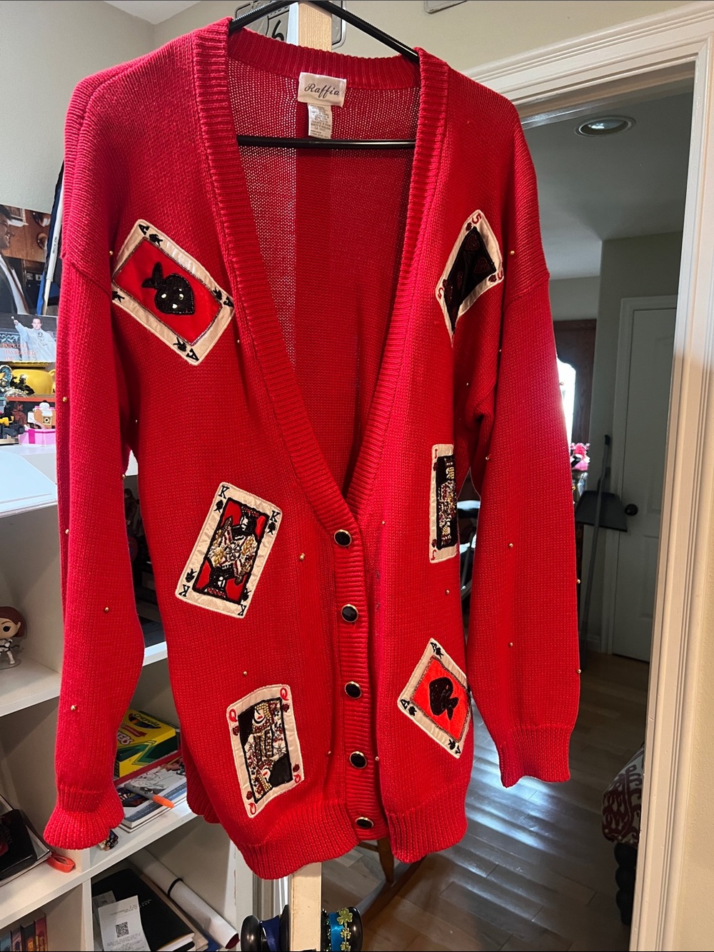 Raffia Red Cardigan Sweater with Playing Card Appliqués